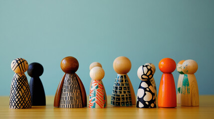 a group of diverse wooden figurines arranged on a table, each with unique designs and patterns representing various cultural and physical attributes