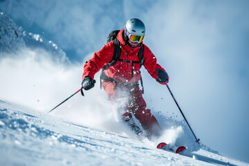 A Skier's Descent Through Powdery Snow on a Sunny Winter Day