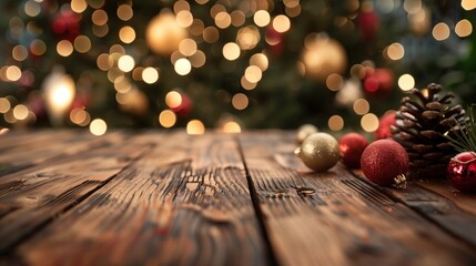 Empty wooden table with christmas theme in background