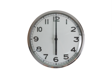 A white round shape wall clock with black hands showing the time of 6 o'clock cutout from background. Short hand at 6 o'clock and long hand at number 12.