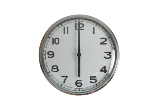A white round shape wall clock with black hands showing the time of 6 o'clock cutout from background. Short hand at 6 o'clock and long hand at number 12.