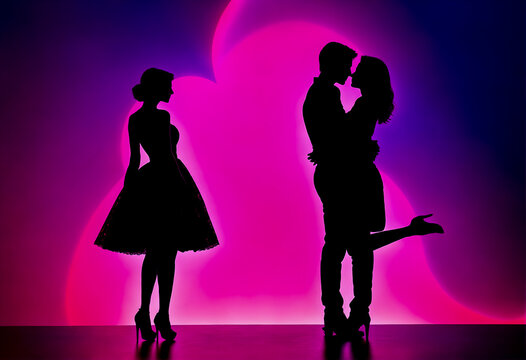 Silhouette of romantic loving couple against neon wave bokeh background.