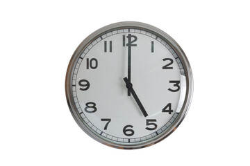 A white round shape wall clock with black hands showing the time of 5 o'clock cutout from background. Short hand at 5 o'clock and long hand at number 12.
