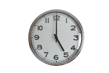 A white round shape wall clock with black hands showing the time of 5 o'clock cutout from background. Short hand at 5 o'clock and long hand at number 12.