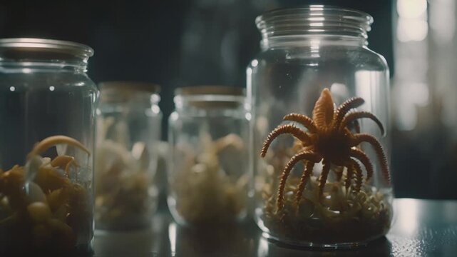 Jars full of strange mutated creatures or organisms. Alien species. Secret lab, forbidden experiments. Mad scientist laboratory. Horror or sci-fi movie theme, footage. Biohazard. Breeding.