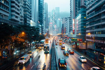 Obraz premium A bustling city street filled with traffic and surrounded by skyscrapers under an evening sky, depicting urban life and modern architecture.