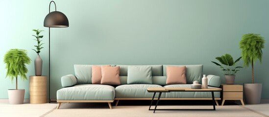 Modern Living Room Interior Design with Light Green Walls and a Comfortable Sofa