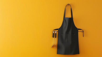 Black blank apron displayed on a bright wall rendered in 3D