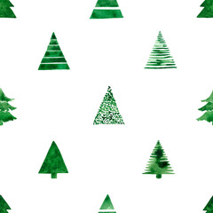 Obraz premium Seamless pattern with naive stylized Christmas trees, painted in watercolor. Watercolor children's Christmas trees in a seamless illustration. An idea for festive decoration and creating prints.