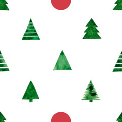 Seamless pattern with naive stylized Christmas trees, painted in watercolor. Watercolor children's Christmas trees in a seamless illustration. An idea for festive decoration and creating prints.