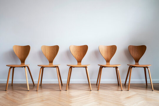 This image shows five identical wooden chairs arranged in a row against a plain wall with a chevron-patterned wood floor, creating a minimalist setup.