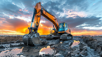 A large construction vehicle is parked in a muddy field. The sky is filled with clouds and the sun is setting, creating a moody atmosphere
