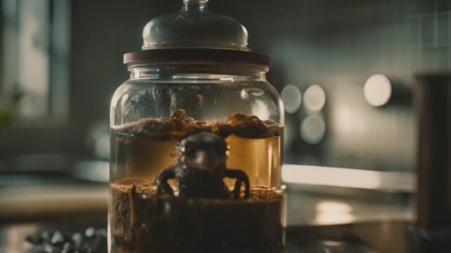 Alien frog like creepy mutant creature in a jar, in a laboratory. Unethical scientific experiment, radioactive genetic modification concept. Sci-fi, science fiction, horror cinematic footage. 