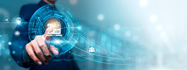 Finance Technology: Businessman touching connect to data information on cyberspace, digital...