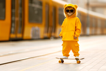 Obraz premium A cat in a yellow hoodie rides a skateboard on a city street