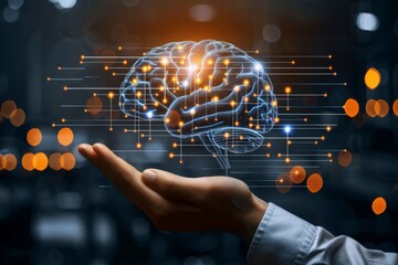 Human hand interacting with a futuristic brain interface symbolizing the manipulation and enhancement of cognitive processes