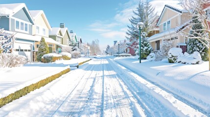 A vibrant row of houses blanketed in fresh snow with bright exteriors, set against a clear blue sky on a sunny winter day
