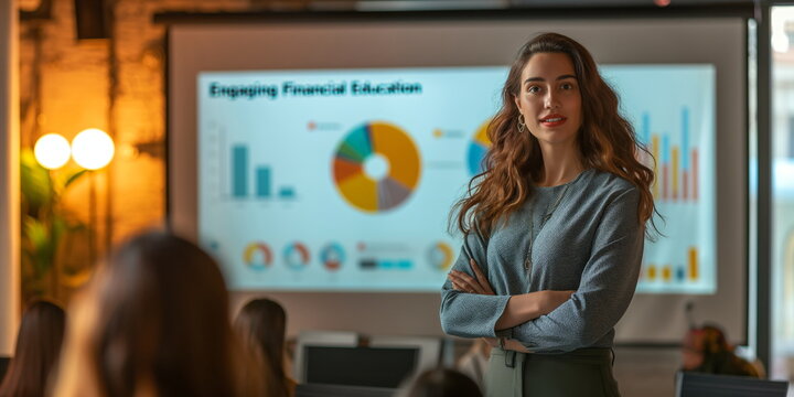 A poised woman in a professional setting gives a presentation on financial education, with visual aids such as graphs and charts in the background - Powered by Adobe