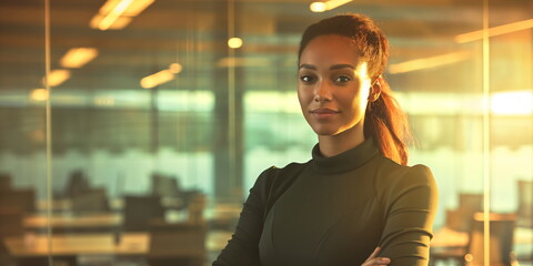 Successful African American businesswoman in modern office environment, diversity and leadership in corporate finance sector