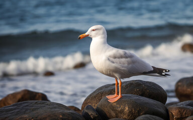 Fototapeta premium White seagull standing on a rock at the ocean. Animal bird, sea, rocky shore background.