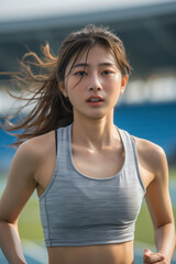 Fototapeta premium Dynamic Sprinting Moment of a Young Asian Athlete on a Track During Golden Hour