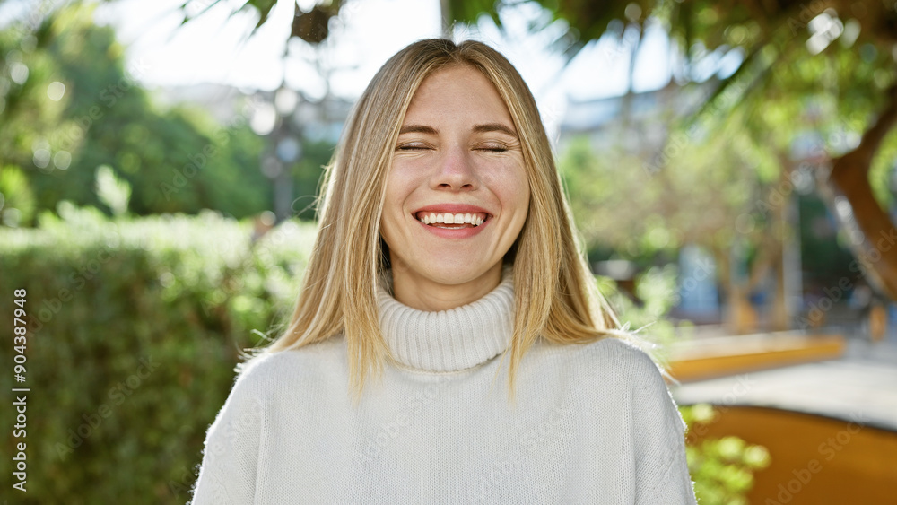 Canvas Prints smiling woman with blonde hair and blue eyes wearing a white sweater, enjoying her time in a lush ou