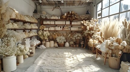 A white room with a lot of white flowers and white shelves
