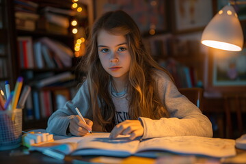 Fototapeta premium Determined schoolgirl working on homework in dimly lit room with bookshelves, dedication to studies and creating personal learning space