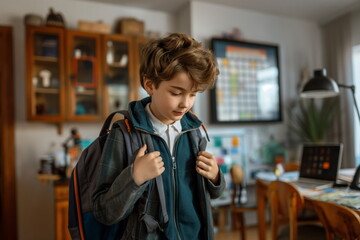 Young schoolboy preparing for class in home study area, organization and readiness in daily educational routine