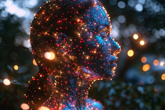 Neon lit face profile with cosmic neural connections symbolizing deep thought and universal insights