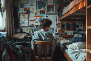Teenage boy in messy dorm room surrounded by personal interests, individuality and self-expression in student living space
