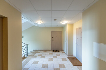 Home Entrance Hall. Corridor Interior. Wooden Outdoor Door. LED Light.