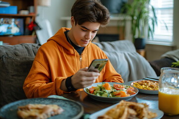 Teenage boy using smartphone while enjoying balanced meal, modern dining habits and technology integration in student life