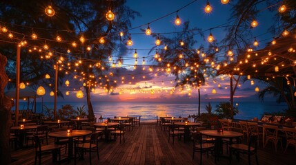 Naklejka premium Empty wooden table and light bulbs in a party with a nighttime feel