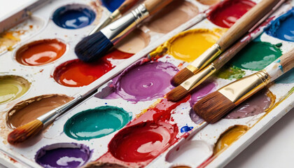 Obraz premium Art palette with bright colors and brushes on a white background. Materials for drawing, hobby.