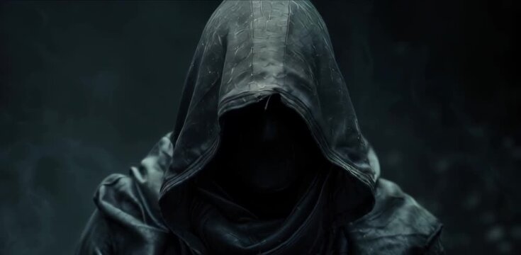 Scary figure in hooded cloak in the dark