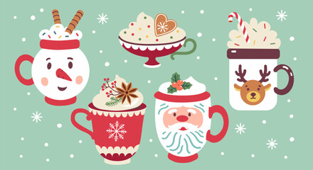 Christmas cups with hot chocolate. Vector illustration set