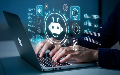 ChatGPT, Chat with AI or Artificial Intelligence technology. Man using a laptop computer chatting with an intelligent artificial intelligence asks for the answers he wants. Smart assistant futuristic