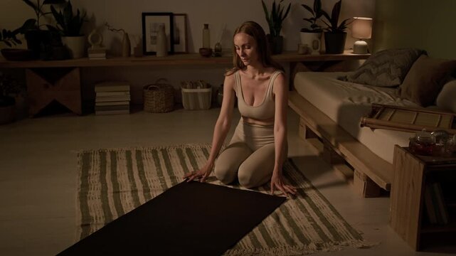 Full shot of middle-aged Caucasian woman in beige top and tights spreading black yoga mat on floor in cozy decorated room before home practice, soft light