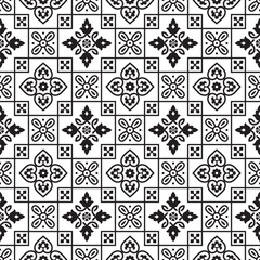 Vector black and white floral geometric seamless pattern. Dark monochrome background. Elegant ornamental texture. Vector Illustration