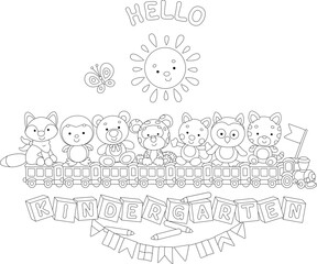 Hello kindergarten card with funny cartoony baby animals, a toy train, bricks with letters, color pencils, a smiling sun and holiday flags, black and white vector illustration for a coloring book