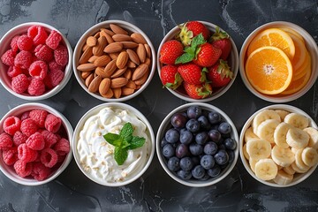 Colorful Arrangement of Fresh Fruits, Nuts, and Yogurt on Dark Background for Healthy Snacking
