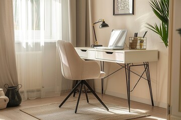 Cozy home office with sunlight and modern decor
