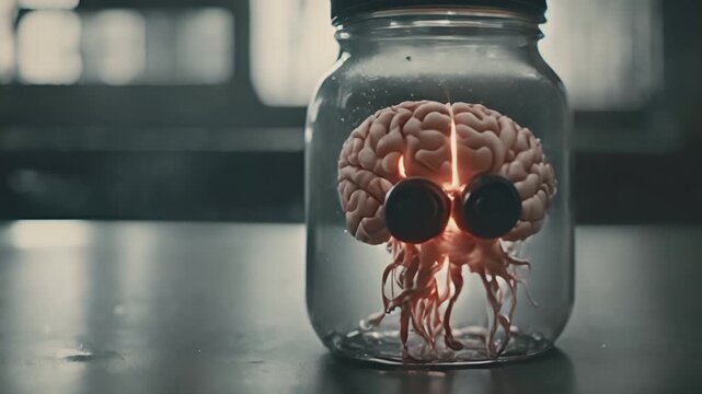 Strange brain or a creature with a pair of eyes in a jar on a metal table in a laboratory. Scientific experiment or an alien body part. Sci-fi horror movie clip. Cinematic style footage. 