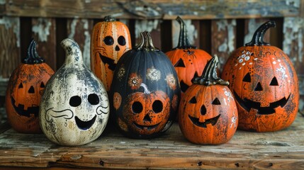 Halloween-Themed Pumpkins with Hand-Painted Ghost and Pumpkin Faces on Rustic Wooden Surface