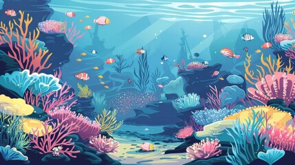 Illustration depicting a seabed landscape with coral reefs and various fishes