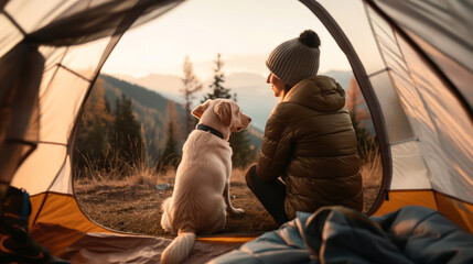 Person and Labrador Retriever sitting at tent entrance, admiring forested mountain landscape during sunset.