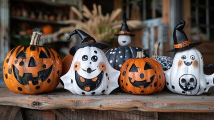 Halloween-Themed Pumpkins with Hand-Painted Ghost and Pumpkin Faces on Rustic Wooden Surface