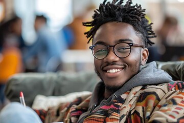 Fototapeta premium young man with a beautiful smile and wearing glasses sits on a couch, happily writing in his diary.