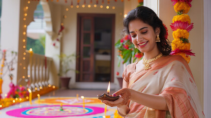 Fototapeta premium Traditional Indian Woman Lighting Diya Lamp During Diwali Festival at Home